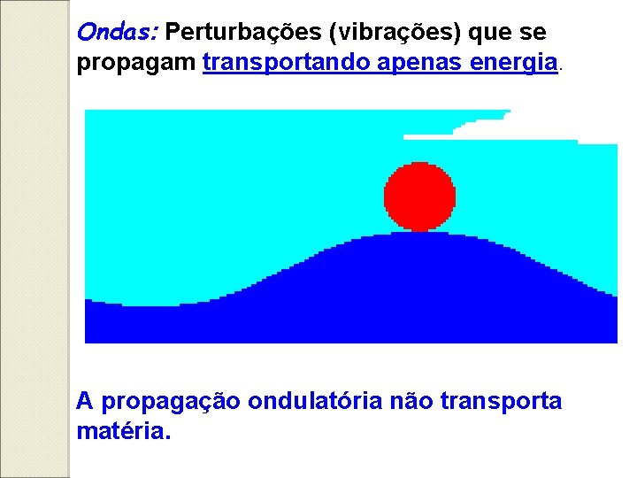 Ondas: Perturbações (vibrações) que se Ondas propagam transportando apenas energia. A propagação ondulatória não