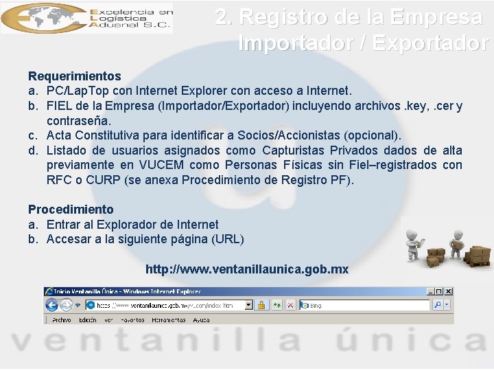 2. Registro de la Empresa Importador / Exportador Requerimientos a. PC/Lap. Top con Internet