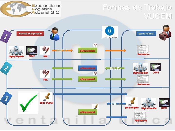 Formas de Trabajo VUCEM 1 Importador/Exportador Agente Aduanal INICIO Digitalización COVE e. Document Pedimento