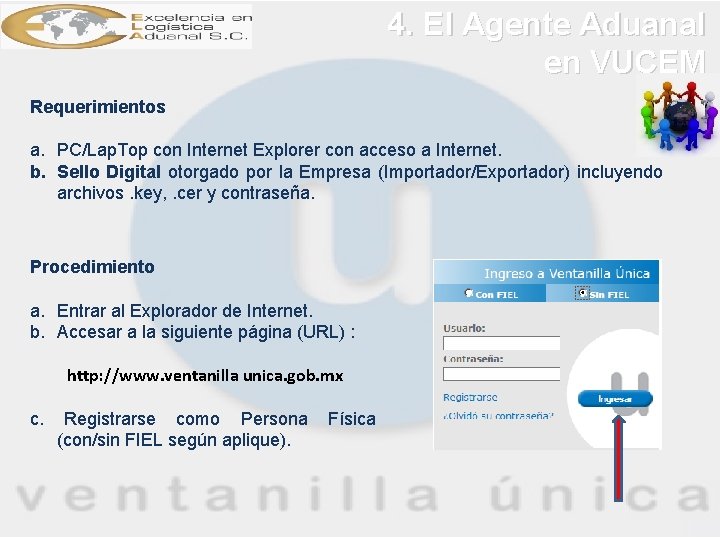 4. El Agente Aduanal en VUCEM Requerimientos a. PC/Lap. Top con Internet Explorer con