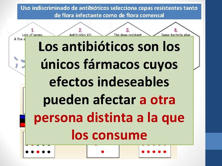 Uso indiscriminado de antibióticos selecciona cepas resistentes tanto de flora infectante como de flora