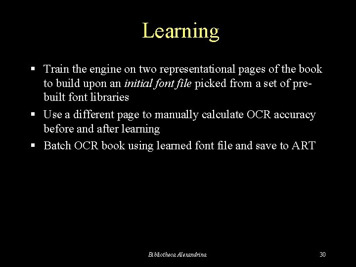 Learning § Train the engine on two representational pages of the book to build