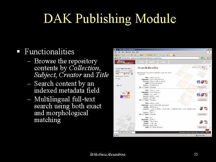 DAK Publishing Module § Functionalities – Browse the repository contents by Collection, Subject, Creator