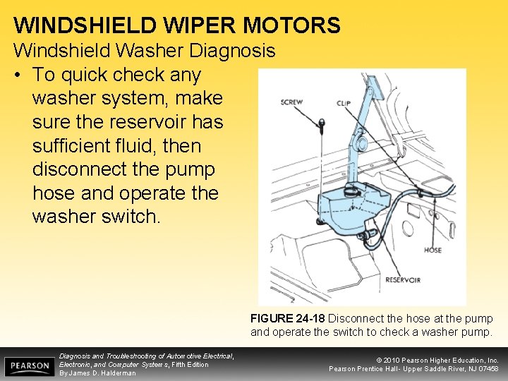 WINDSHIELD WIPER MOTORS Windshield Washer Diagnosis • To quick check any washer system, make