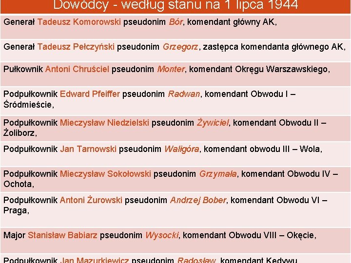 Dowódcy - według stanu na 1 lipca 1944 Generał Tadeusz Komorowski pseudonim Bór, komendant