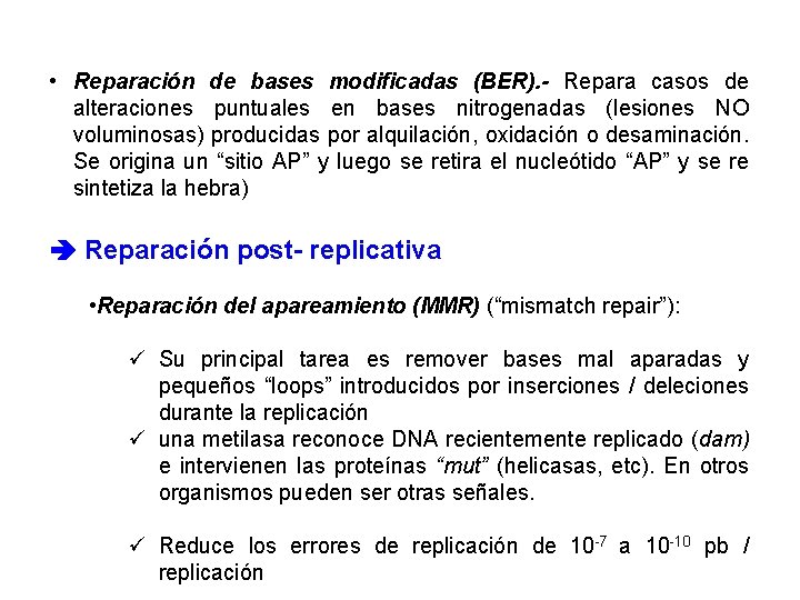  • Reparación de bases modificadas (BER). - Repara casos de alteraciones puntuales en