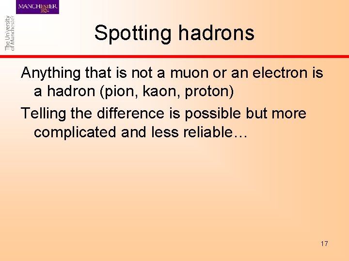 Spotting hadrons Anything that is not a muon or an electron is a hadron