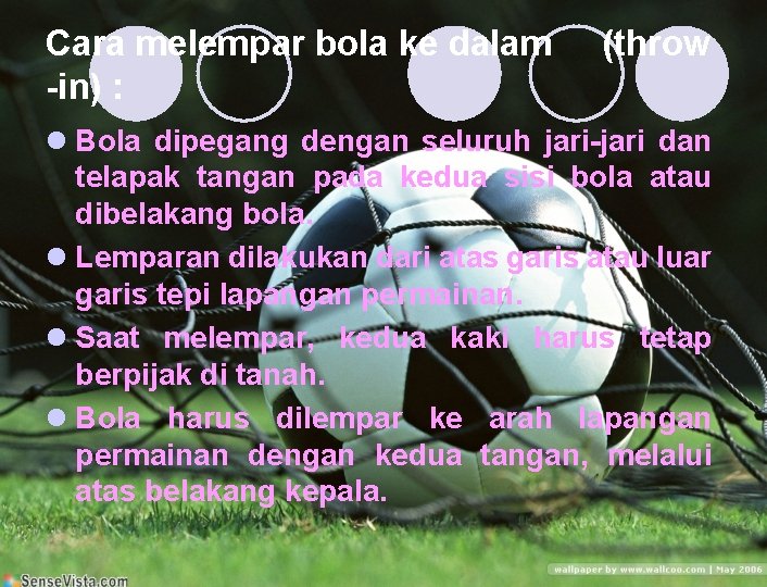 Cara melempar bola ke dalam -in) : (throw l Bola dipegang dengan seluruh jari-jari