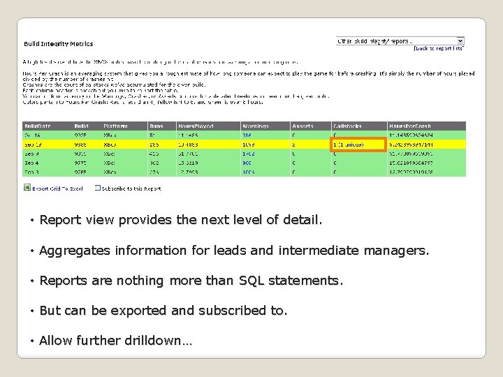  • Report view provides the next level of detail. • Aggregates information for