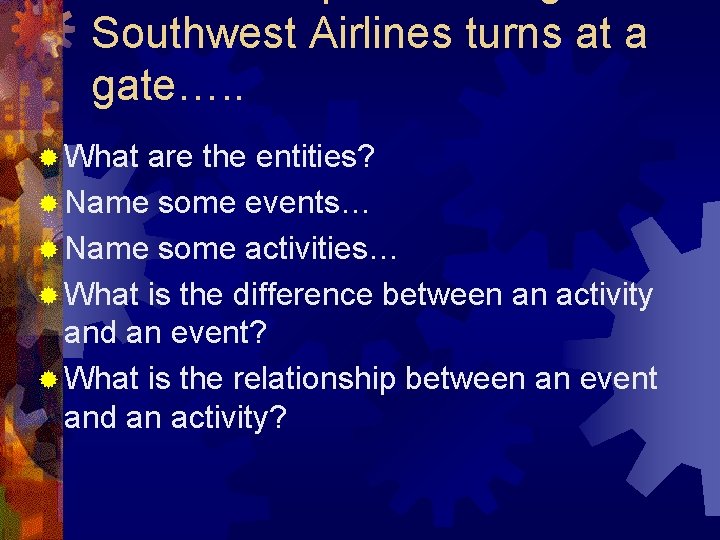 Southwest Airlines turns at a gate…. . ® What are the entities? ® Name