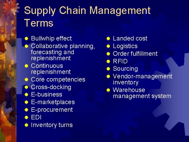 Supply Chain Management Terms ® ® ® ® ® Bullwhip effect Collaborative planning, forecasting