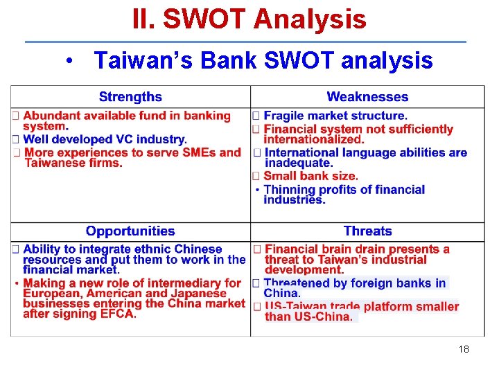 II. SWOT Analysis • Taiwan’s Bank SWOT analysis 18 