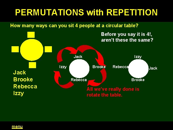 PERMUTATIONS with REPETITION How many ways can you sit 4 people at a circular