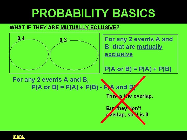 PROBABILITY BASICS WHAT IF THEY ARE MUTUALLY ECLUSIVE? 0. 4 0. 3 For any