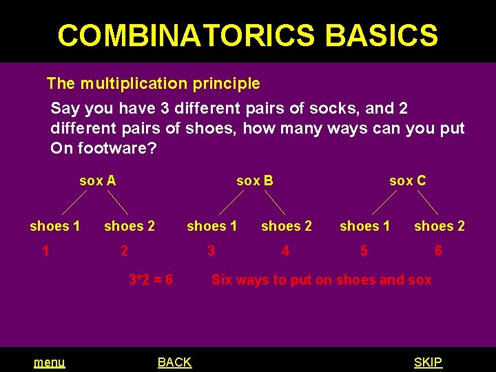 COMBINATORICS BASICS The multiplication principle Say you have 3 different pairs of socks, and