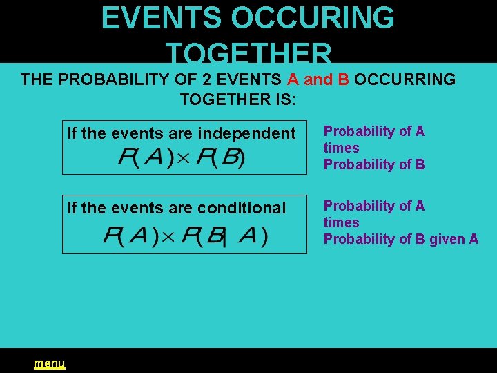 EVENTS OCCURING TOGETHER THE PROBABILITY OF 2 EVENTS A and B OCCURRING TOGETHER IS: