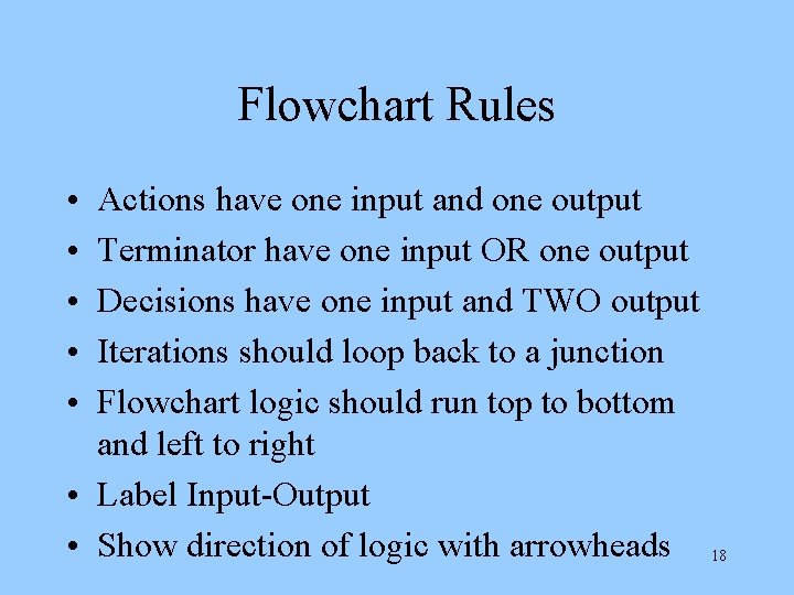 Flowchart Rules • • • Actions have one input and one output Terminator have