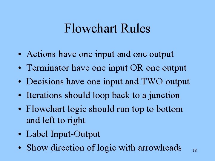 Flowchart Rules • • • Actions have one input and one output Terminator have Flowchart Rules • • • Actions have one input and one output Terminator have