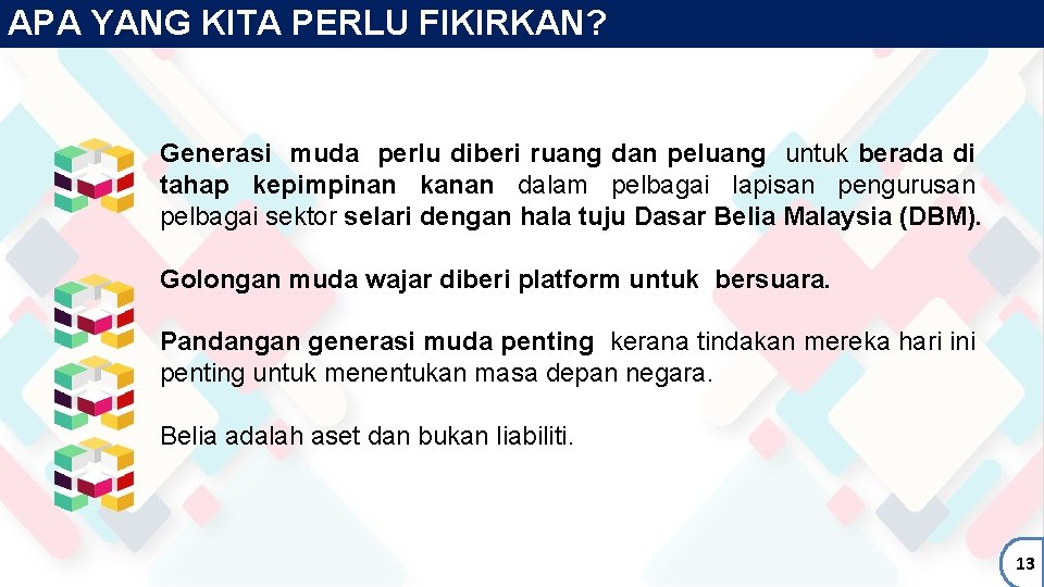 APA YANG KITA PERLU FIKIRKAN? Generasi muda perlu diberi ruang dan peluang untuk berada