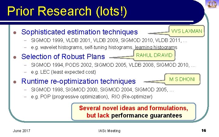 Prior Research (lots!) l Sophisticated estimation techniques VVS LAXMAN – SIGMOD 1999, VLDB 2001,