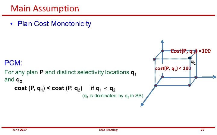 Main Assumption • Plan Cost Monotonicity Cost(P, q 2) =100 q 2 cost(P, q