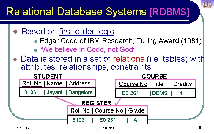 Relational Database Systems [RDBMS] l Based on first-order logic Edgar Codd of IBM Research,