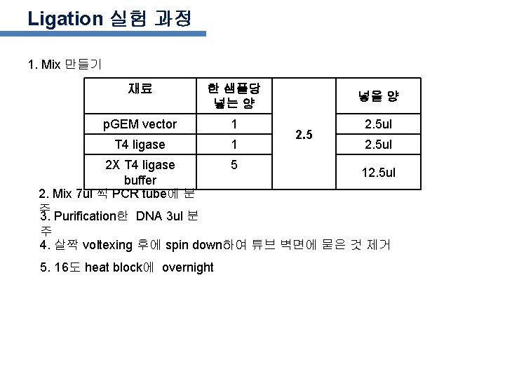 Ligation 실험 과정 1. Mix 만들기 재료 한 샘플당 넣는 양 넣을 양 p.