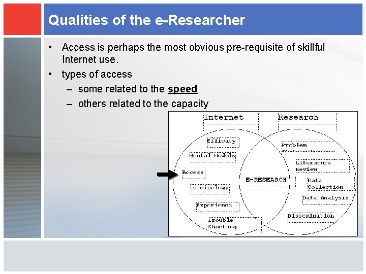 Qualities of the e-Researcher • Access is perhaps the most obvious pre-requisite of skillful