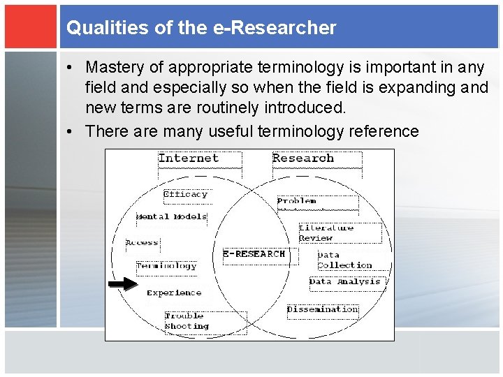 Qualities of the e-Researcher • Mastery of appropriate terminology is important in any field