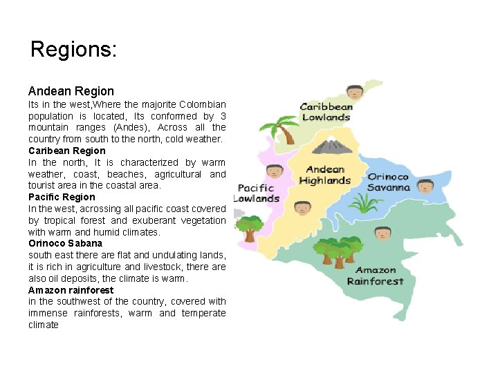 Regions: Andean Region Its in the west, Where the majorite Colombian population is located,