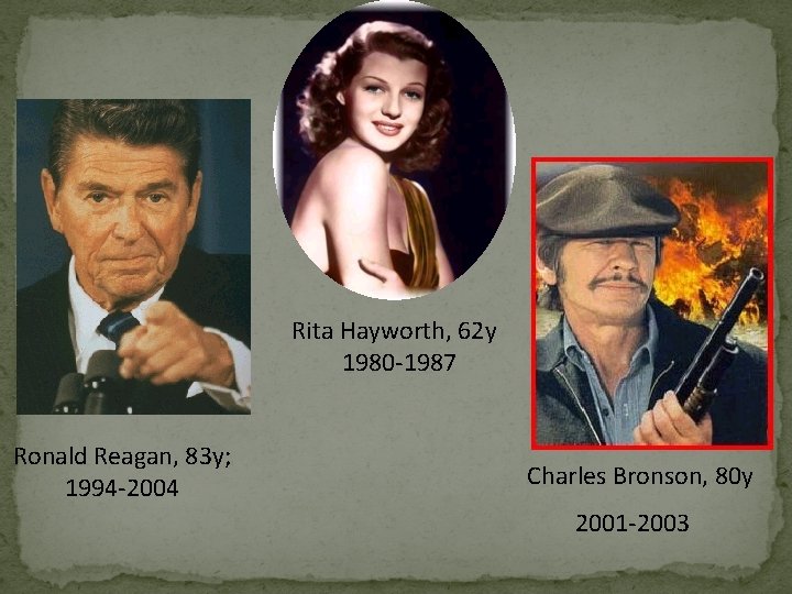 Rita Hayworth, 62 y 1980 -1987 Ronald Reagan, 83 y; 1994 -2004 Charles Bronson,