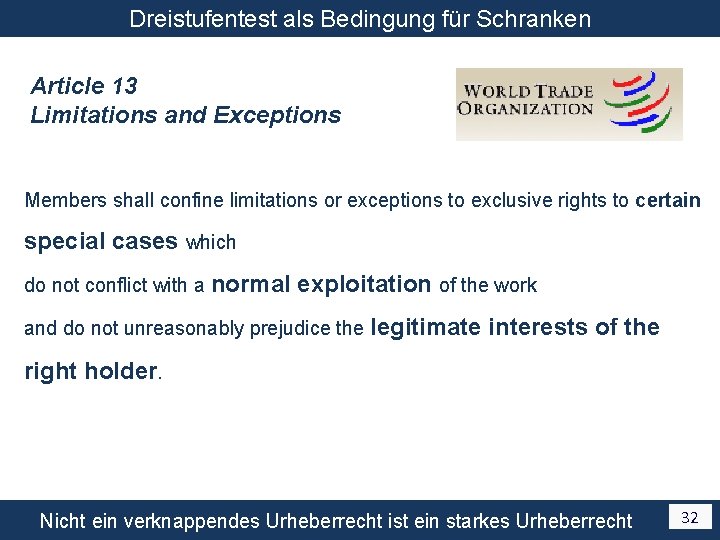 Dreistufentest als Bedingung für Schranken Article 13 Limitations and Exceptions Members shall confine limitations
