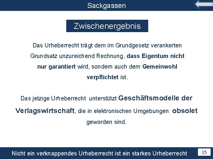 Sackgassen Zwischenergebnis Das Urheberrecht trägt dem im Grundgesetz verankerten Grundsatz unzureichend Rechnung, dass Eigentum