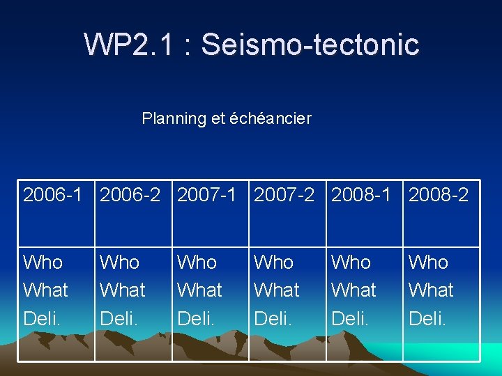 WP 2. 1 : Seismo-tectonic Planning et échéancier 2006 -1 2006 -2 2007 -1