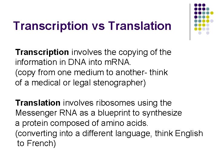 Transcription vs Translation Transcription involves the copying of the information in DNA into m.