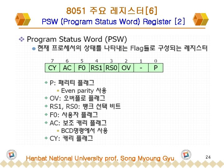 8051 주요 레지스터[6] PSW (Program Status Word) Register [2] Hanbat National University prof. Song