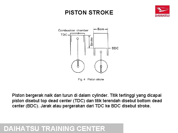 PISTON STROKE Piston bergerak naik dan turun di dalam cylinder. Titik tertinggi yang dicapai