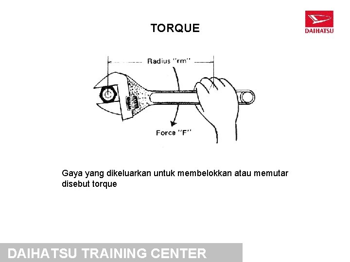 TORQUE Gaya yang dikeluarkan untuk membelokkan atau memutar disebut torque DAIHATSU TRAINING CENTER 
