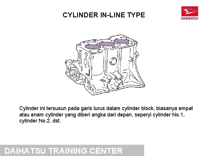 CYLINDER IN-LINE TYPE Cylinder ini tersusun pada garis lurus dalam cylinder block, biasanya empat