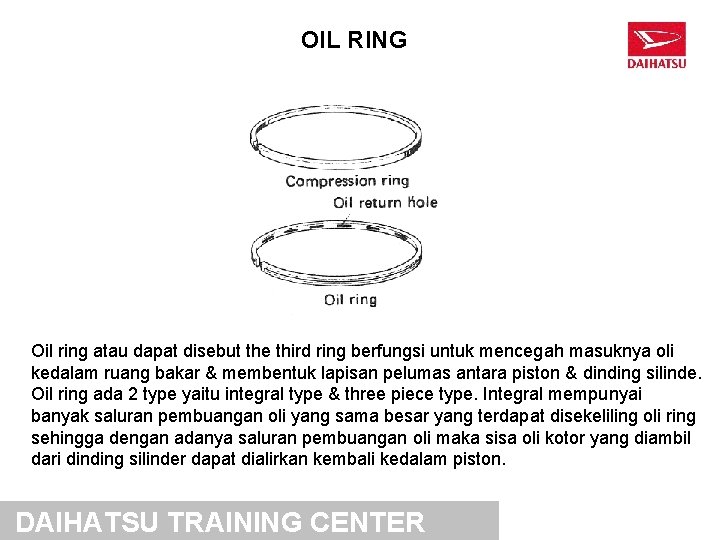 OIL RING Oil ring atau dapat disebut the third ring berfungsi untuk mencegah masuknya