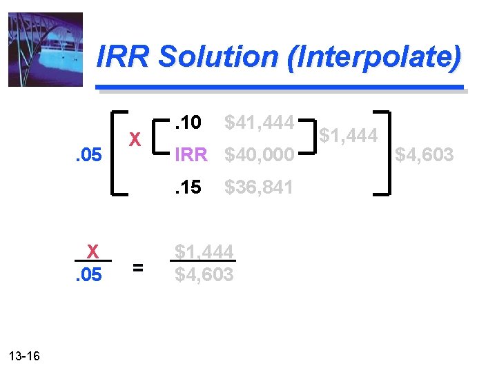 IRR Solution (Interpolate). 05 X . 10 IRR $40, 000. 15 X. 05 13