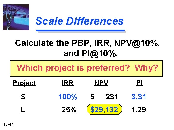 Scale Differences Calculate the PBP, IRR, NPV@10%, and PI@10%. Which project is preferred? Why?