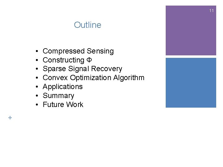 11 Outline • • + Compressed Sensing Constructing Φ Sparse Signal Recovery Convex Optimization