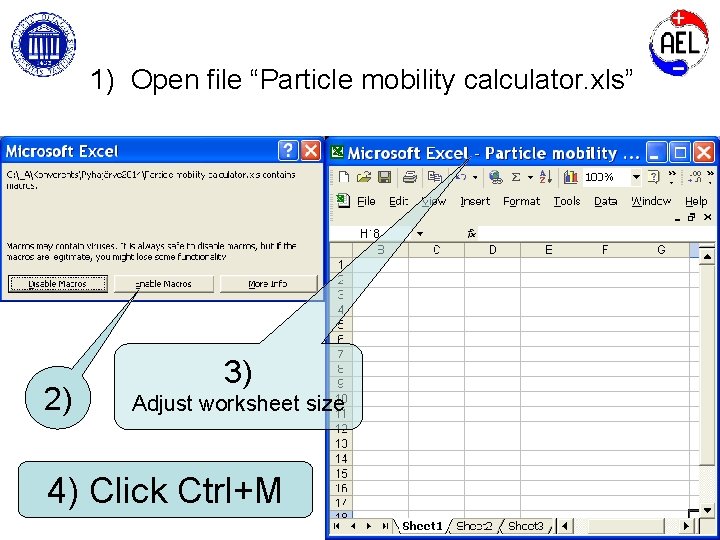 1) Open file “Particle mobility calculator. xls” 2) 3) Adjust worksheet size 4) Click