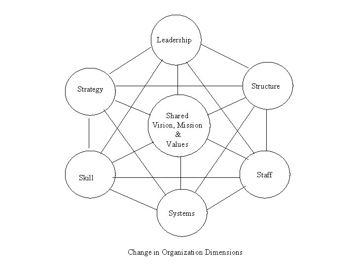 Leadership Structure Strategy Shared Vision, Mission & Values Staff Skill Systems Change in Organization