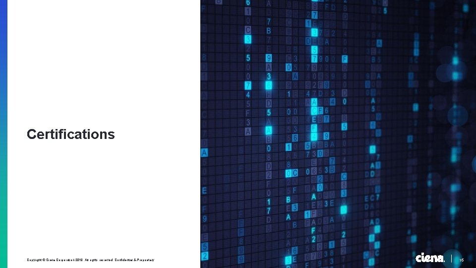 Certifications Copyright © Ciena Corporation 2019. All rights reserved. Confidential & Proprietary. 15 