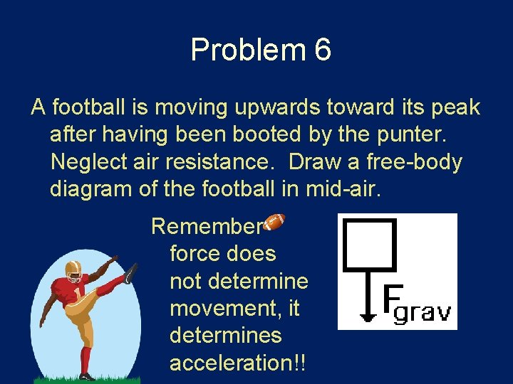 Problem 6 A football is moving upwards toward its peak after having been booted