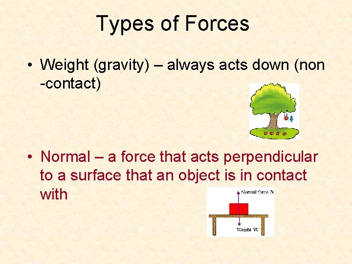 Types of Forces • Weight (gravity) – always acts down (non -contact) • Normal