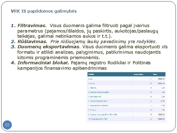 VRK IS papildomos galimybės 1. Filtravimas. Visus duomenis galima filtruoti pagal įvairius parametrus (pajamos/išlaidos,