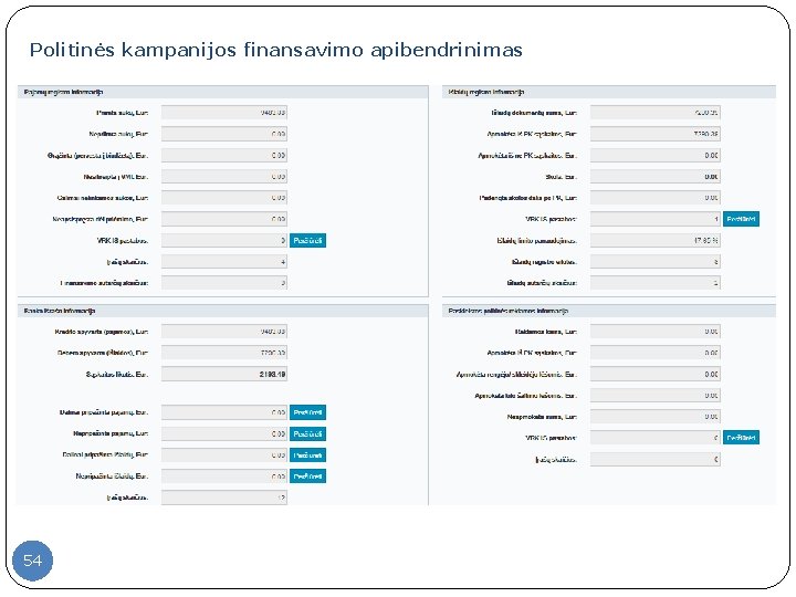 Politinės kampanijos finansavimo apibendrinimas 54 